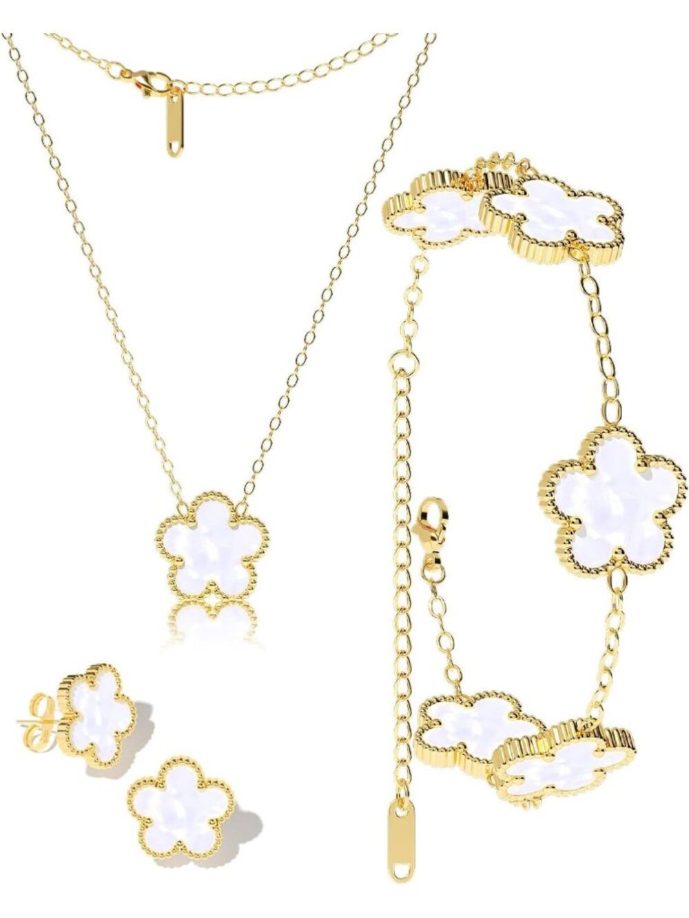 18K Gold Plated Clover Jewelry Set - Lucky Four Leaf Bracelet, Necklace